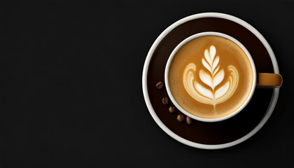 Cup of coffee on black background. Copy space. Top view. Flat lay. Panorama