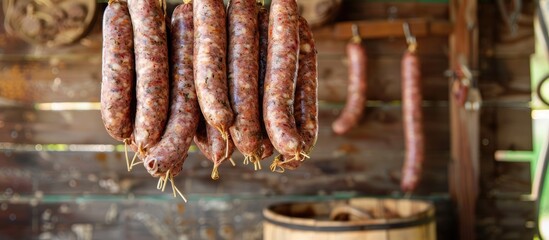 Fototapeta premium Sausages hanging against a rustic backdrop creating an appealing display with a country charm suitable for use as a copy space image