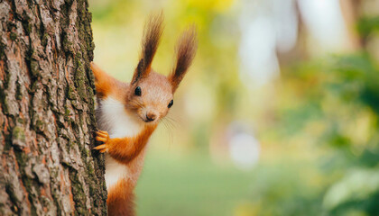 Curious red squirrel peeking behind the tree trunk