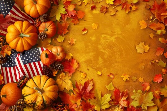 Bright vector background for Thanksgiving Day, 'THANKSGIVING DAY' text with American flags and fall leaves, top view 