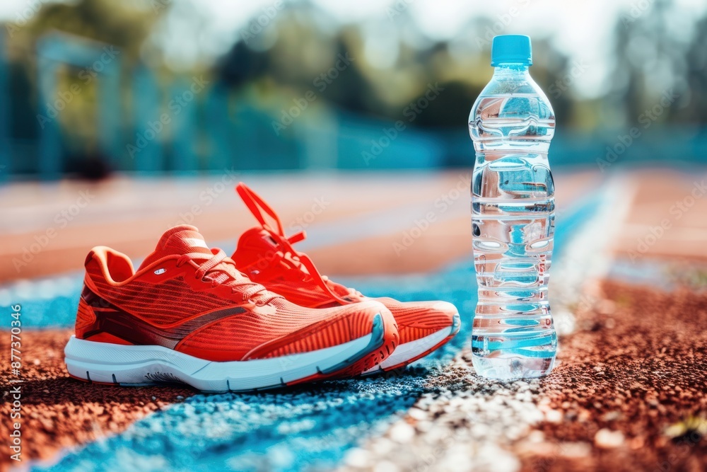 Sticker Red Running Shoes and Water Bottle on a Track