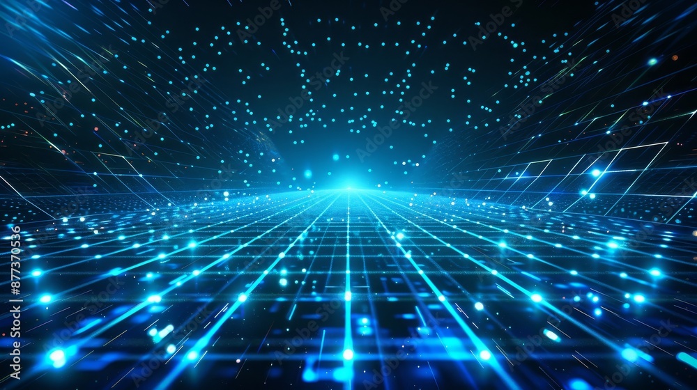 Poster concept of small particles connected in a line in various colors on a dark background with an empty 