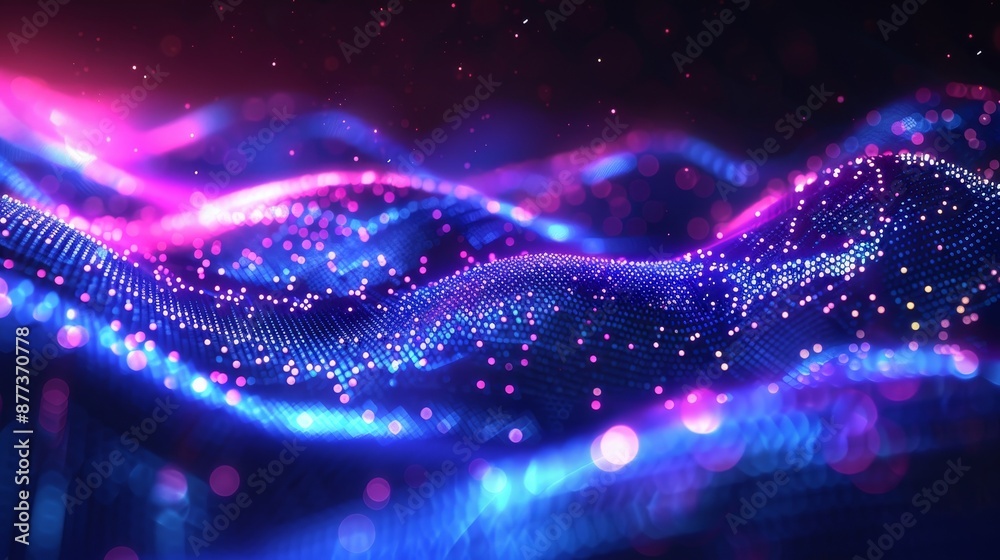 Poster Music wave of particles. Data visualization in 3D. Blue abstract background with a dynamic wave.