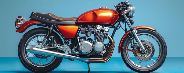 Cafe racer motorcycle in red and orange, featuring a round headlight, low seat, high exhaust pipe, parked against a striking blue backdrop, retro and contemporary, high contrast, digital art