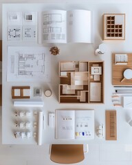 Architect's workspace with house model, blueprints, and tools.