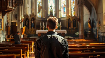 Man looking towards the altar in a church