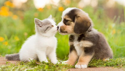 Little tabby kitten playing with little puppy