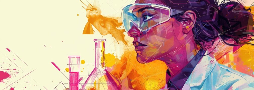 Young female scientist wearing protective eyewear conducts an experiment in a lab.