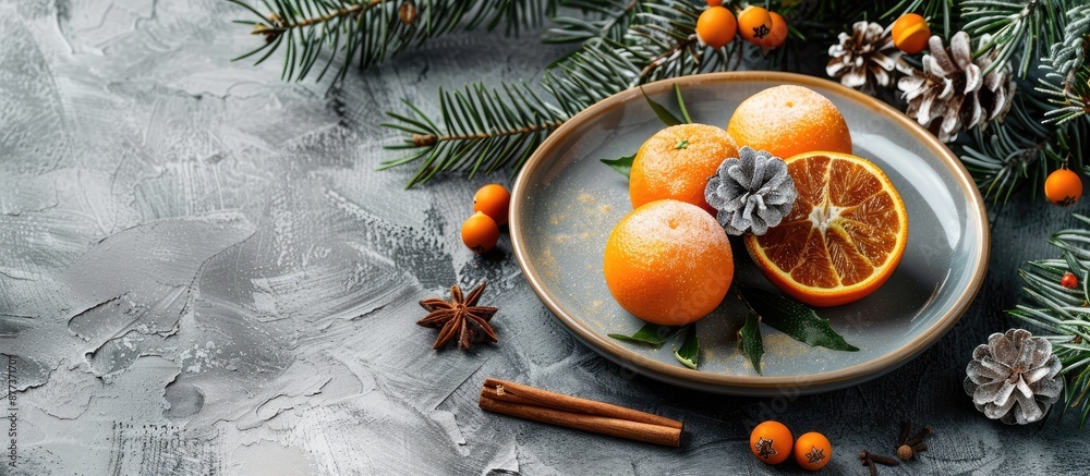 Canvas Prints Plate of fresh mandarins with festive spices and fir tree branches on a gray backdrop perfect for a copy space image