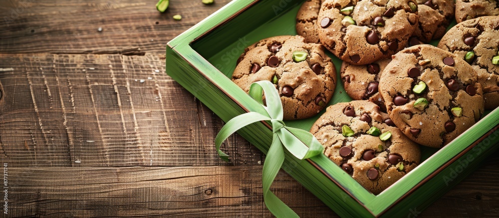 Sticker Delicious homemade chocolate chip cookies with salted pistachios arranged on a green tray with a ribbon on a wooden surface making them a delightful treat for all ages Inclusive of copy space image