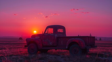 Fototapeta premium Vintage Pickup Truck at Sunset in Open Field - Generative AI