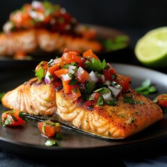 Grilled salmon with fresh salsa on a black plate.
