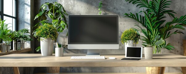 Modern office space with a computer, tablet, and decorative plants, minimalist style, Photorealistic, High resolution