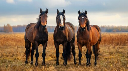 Obraz premium Herd of young horses grazing in a lush green pasture.