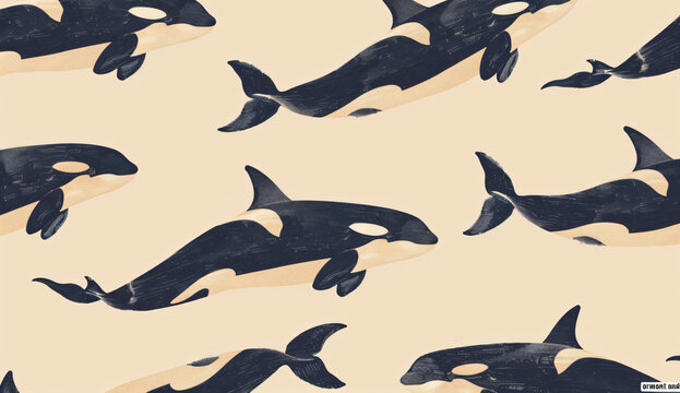 Photo of A pattern with symmetrical orcas on beige background, representing the theme "ormont and co". The design is minimalist yet impactful.