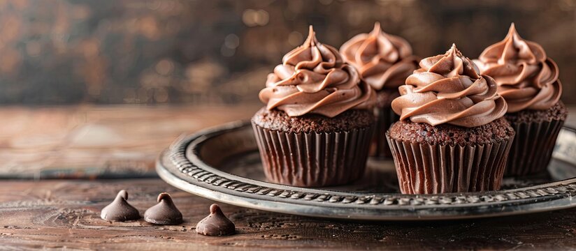 Mini chocolate cupcakes presented on a shiny silver plate with a rustic backdrop ideal for adding a decorative touch to copy space image