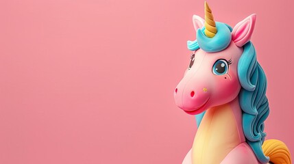 Naklejka premium Pink-bodied unicorn with blue mane and yellow tail, pink background, joyful expression, high detail, magical and enchanting, cartoon style