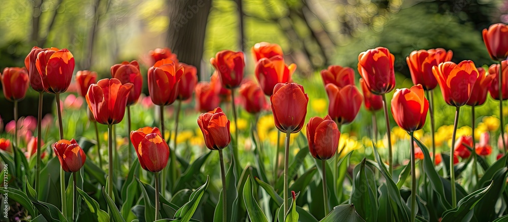 Wall mural Tulip garden showcasing stunning red tulips under the sun providing a vibrant spring and summer backdrop with room for a copy space image