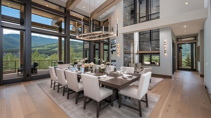 Fototapeta premium A sun-drenched living room with large arched windows, a curved sofa, and plants, overlooking a lush green garden