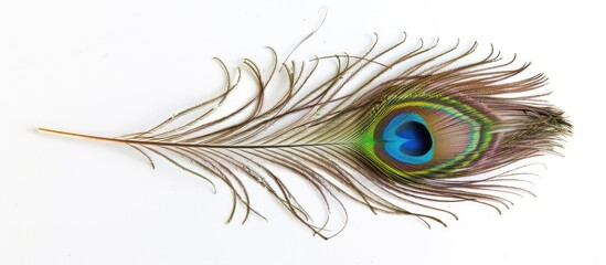 Copy space image featuring a single peacock feather on a white backdrop