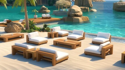 A patio with tables and chairs, overlooking a calm ocean with a small island in the distance