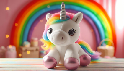 Plush unicorn, rainbow in the background. IA generativa.