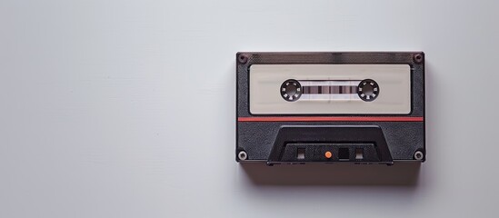 Fototapeta premium Audio cassette displayed on a clean white backdrop with a box in the shot emphasizing the copy space image