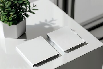 White and empty blank business cards on a white table in the office, small green plant nearby, minimalistic design, bright natural lighting, modern and clean aesthetic