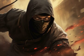 Digital painting of a stealthy ninja with determined eyes, set in an intense battlefield atmosphere