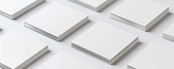 White blank business cards lie on a white clean table, minimalistic design, high-key lighting, sharp focus, modern and sleek mockup, realistic style