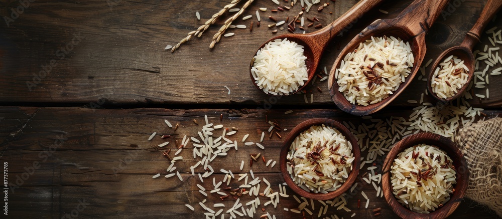 Sticker Flat lay view of a wooden table with shiny brown rice in spoons perfect for adding text to the copy space image