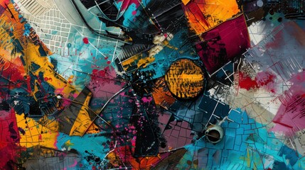 Obraz premium A close-up view of an abstract painting featuring bold colors and geometric shapes