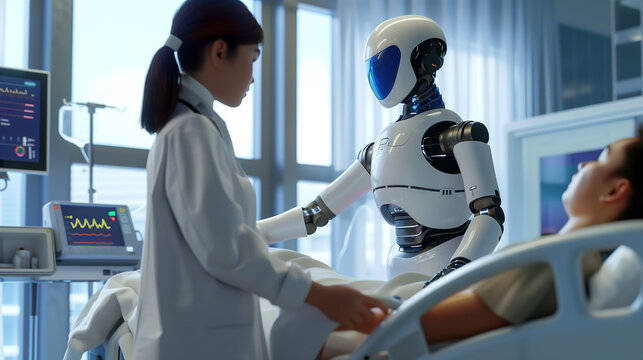 Humanoid assisting doctor in examining patient in modern hospital room with medical equipment. Sense of innovation, efficiency, and compassionate care provided by robot in collaboration with human.