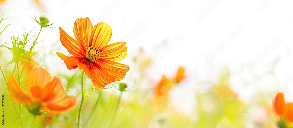 Canvas Prints Spring meadow with a vibrant orange cosmos flower in focus set against a white background offering ample copy space for text or design incorporation