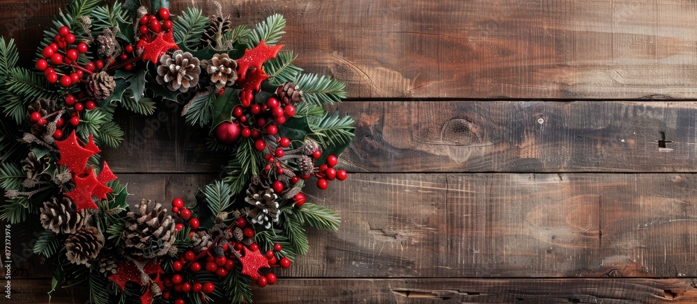 Poster Close up of a Christmas wreath against a wooden backdrop with copy space image available