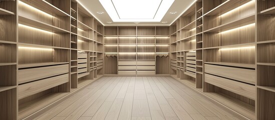 A fitted walk in closet with square empty shelves showcasing a copy space image