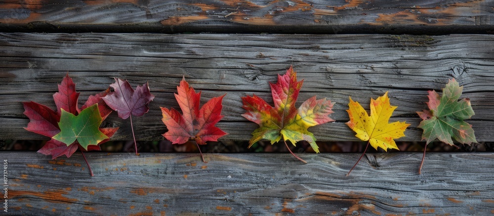 Wall mural Autumnal motif featuring maple leaves in red yellow and green hues set against an aged wooden backdrop perfect for a copy space image