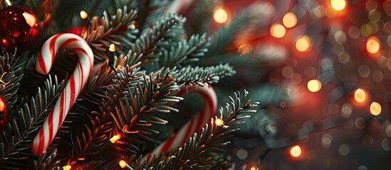 Festive Christmas gift featuring candy canes set amidst fir branches adorned with twinkling garlands in a composition with ample copy space image
