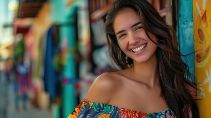 Fototapeta premium A_beautiful_woman_smiling_brightly_in_a_colorful_dress_captured_photo_generative_ai_image