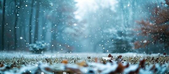 Nature covered in falling snow copy space image