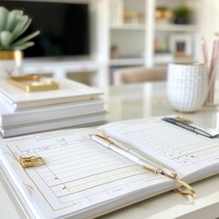 Open planner with pen on a desk with home office decor