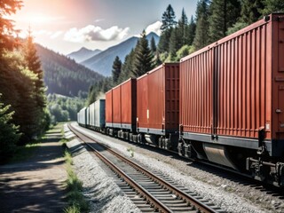 Obraz premium Silhouette of a freight train passing through a rural area, with trees and mountains.