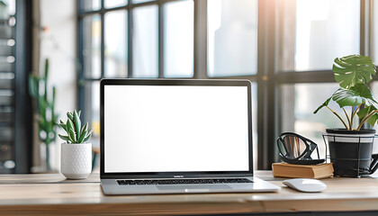 Fototapeta premium Laptop device mock up template design on office workplace desk, white mockup empty blank computer screen on office work table business web technology at modern workspace, closeup
