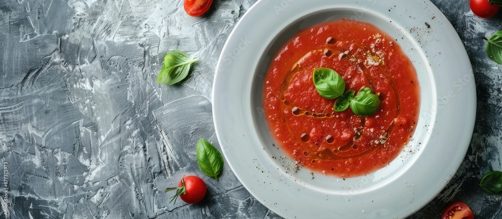 Sticker Italian gazpacho soup served on a rustic background in a white plate with copy space image