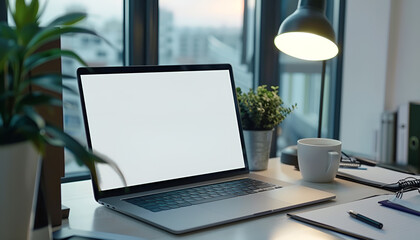 Fototapeta premium Laptop device mock up template design on office workplace desk, white mockup empty blank computer screen on office work table business web technology at modern workspace, closeup