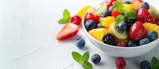 Close up macro view of a delightful low calorie fruit salad in a summer fresh bowl on a white background designed for text and image placement. Copy space image. Place for adding text and design