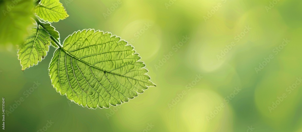 Wall mural A focused shot showing a green leaf against a soft green backdrop with room for text ideal for themes like nature freshness and eco friendliness. Copy space image. Place for adding text and design