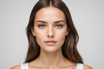 Portrait of young beautiful woman with perfect smooth skin isolated over white background.