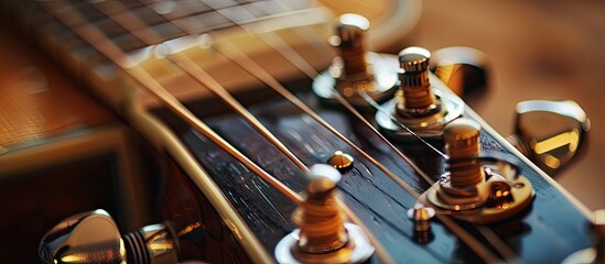 Close up view showing gear machine heads on an acoustic guitar headstock for adjusting the string tension with a prominent copy space image
