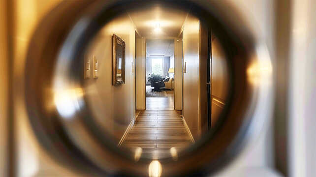 Empty corridor, floor and stairways are visible through the door peephole . Showing interior from a apartment. Close up